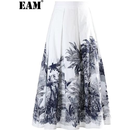 [EAM] High Waist White Pattern Printed Long Holiday Vintage Half-body Skirt Women Fashion Tide New Spring Autumn 2021 1DD9265