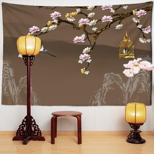 Peach Blossom Birdcage Tapestry Wall Hanging Lotus Retro Chinese Painting Plant Printing Living Room Bedroom Decor