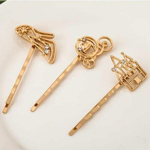 Story Cinderella Carriage High Heels Castle Hair Clips and Pins Princess Fantasy Golden Barrettes Kids Women Hair Jewelry