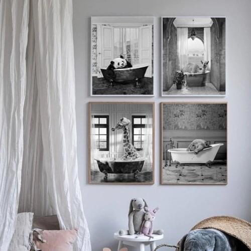 Giraffe Elephant Alpaca Panda Painting Animal Poster In Bathtub Printing Nursery Wall Art Nordic Childrens Room Home Decoration