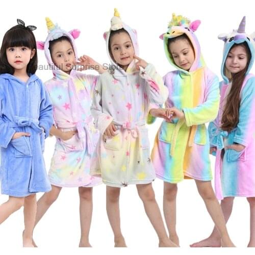 Kigurumi Unicorn Animal Boys Girls Rainbow Onesie Pajamas Childrens Bathrobes Flannel Hooded Towel Robes Kids Dressing Gowns