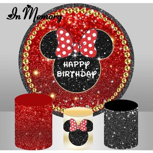 Red Black Gold Glitter Mouse Round Backdrop Cover Bow Girls Newborn Baby Shower 1st Birthday Party Background Plinth Covers