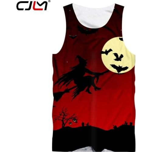 CJLM Mens Halloween Broom Witch 3D Printed Animal Black Bat Tank Top Yellow Moon Man Spandex Gothic Clothing TankTop