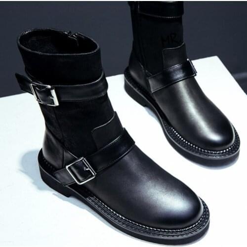 Fashion Motorcycle Boots Women Vintage Genuine Leather Flat Ankle Boots Autumn Winter Buckle Strap Platform Snow Booties Sapato