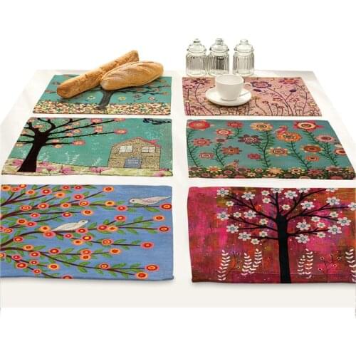 Cartoon Tree of Life Bird Flower Design Kitchen Placemats for Dining Table Cloth Linen Rectangle Accessories Cup Coaster Doilies