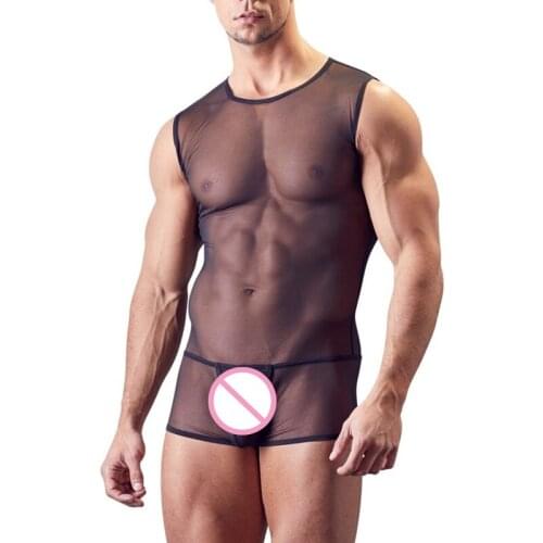 Mens Sexy Erotic Underwear One-piece Bodysuits Mesh Hollow Out Nightclub Stage Costumes With G-strings Thongs See Through Vests