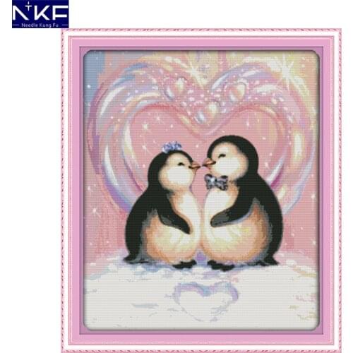 NKF The Love of Penguins Cross Stitch Sets Handmade Craft Painting Needlework Embroidery Kit Animal Cross Stitch for Home Decor