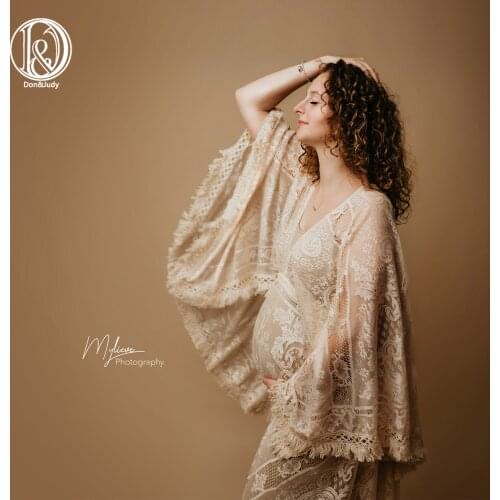 Don&Judy V-neck Lace Kaftan Maternity Dress Boho Bell Sleeves Maternity Long Gown Party Pregnancy Dresses Photo Shoot 2021