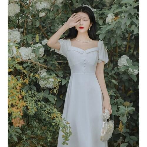 Dress Temperament French First Love Sweet Lace Square Collar Elegant Chic Embroidery Gentle Retro Midi Dresses