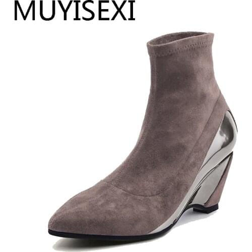 Sexy Tube Pointed Toe Slip-On Ankle Boots 6cm Wedges Heel Women Botas Mujer Ladies Slip-on Short Booties Autumn HL181 MUYISEXI