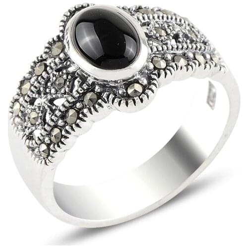 Silver 925 Sterling Onyx & Marcasite Ring