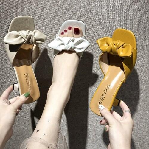 2020 New Summer Sexy Ladies Slippers Women Shoes Square Bow Knot High Heels Fashion Outside Slides Casual Shoes Woman Slippers