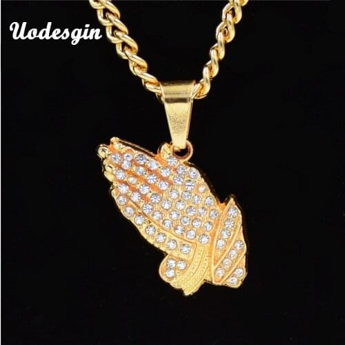 Uodesign HipHop Full Rhinestone Hand Shape Pendant Necklace Women Men Gold Color Religion Prayer Necklace Jewelry