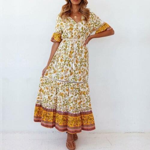 Yellow Flower Short Sleeve Skirt Women 2021 Bohemian Buttoned Waist Lace-up Hollow Loose Seaside Holiday Style Beach Skirt