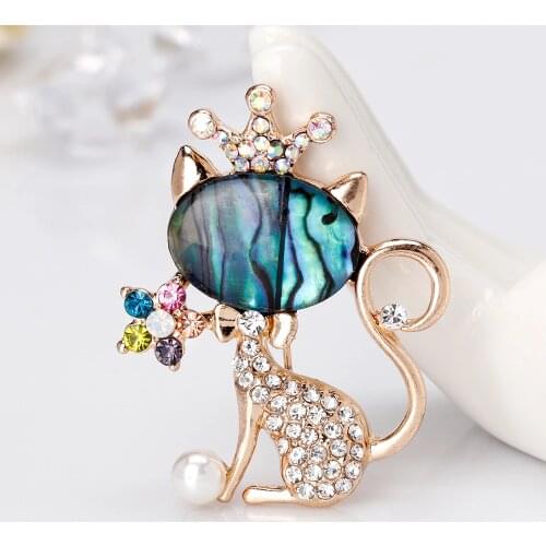 Top Grade Natural Shell Sexy Kitty Brooch Six Colour Crystal Crown Cat Brooches for Women Animal Pins Jewely Wedding Accessories