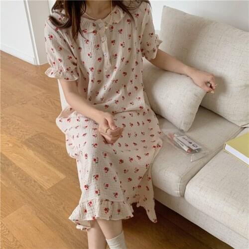 Pure cotton short sleeve floral print nightgown women ruffles peter pan collar loose gauze breathable homewear dress Y925
