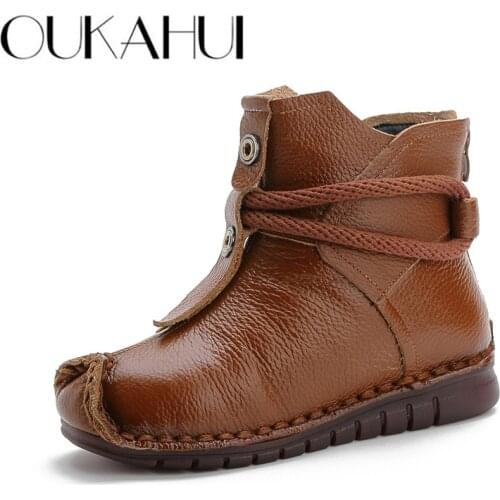 OUKAHUI Winter Handmade Women Ankle Boots Shoes Genuine Leather Back Zipper Spring Round Toe Vintage Ladies Flat Boots Soft 2019