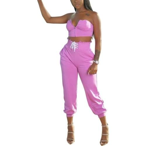 All Pink Two Piece Set for Women Rave Festival Clothing Sleeveless Strapless Bandage Tops+Stacked Pans Matching Sets Cool Girl