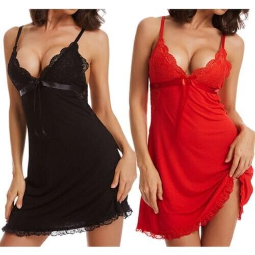 2019 Fashion Womens Sleepwear Knee Skirt Sexy Lace Lingerie Solid Underwear Night Dress V Collar Dressing Dresses