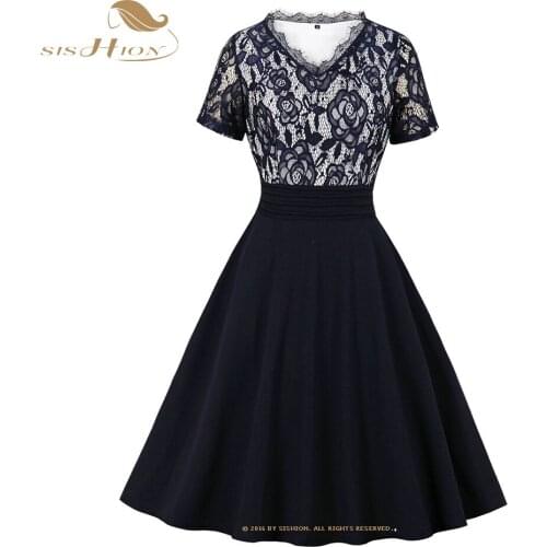 SISHION 2021 New Elegant Women Dress VD1785 V Neck Short Sleeve Lace Navy Blue Vintage Summer Party Dress