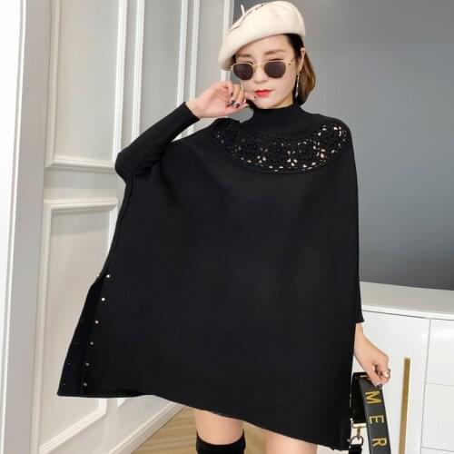 ZJZLL Fast Delivery Hollow Out Wear Women Pearl Loose Poncho Knit Pullover Cape Wraps Cashmere Feeling Sweater Poncho For Winter