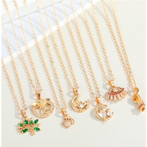 1Pcs Zircon Evil Eye Animal Plant Necklace For Women Jewelry Fashion Shiny Cat Elephant Tree Moon Star Pendant Clavicle Chain