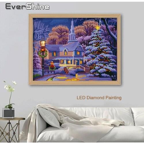 EverShine Diamond Paining Scenery LED Light With Frame Cross Stitch Diamond Embroidery Winter Landscape Diamond Mosaic Christmas