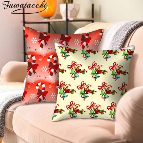 Fuwatacchi Xmas Tree Printed Pillow Case Christmas Bell Crutch Deer Photo Cushion Cover for Home Sofa Decorative Pillowcases New
