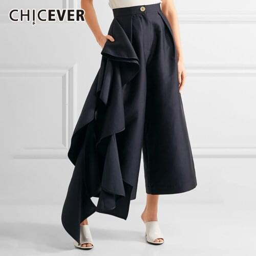CHICEVER Blue Pants For Women High Waist Large Size Patchwork Ruffles Loose Wide Leg Trousers Female 2021 Autumn Clothes Fashion