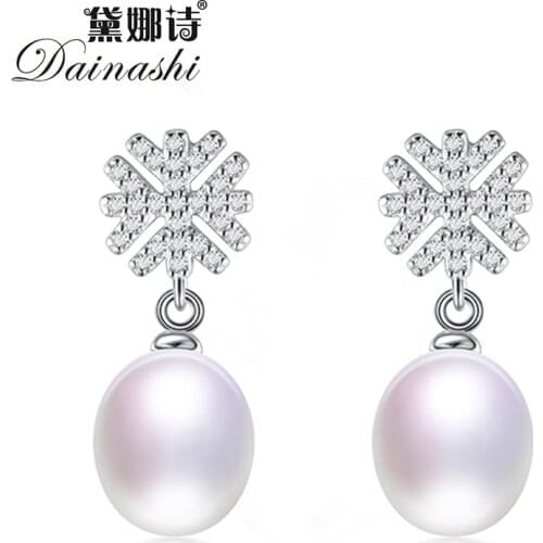 Dainashi 100% Genuine Natural Freshwater Pearl Drop Earrings Fine Jewelry 925 Sterling Silver Snowflake Zircon Dangle Earrings