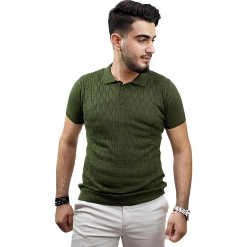 Kulemoda Khaki color small diamond pattern polo collar knitwear unisex t-shirt