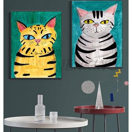 Canvas painting funny animal picture cat dog cute pet cartoon art light luxury decorative painting (NO FRAME) for living room