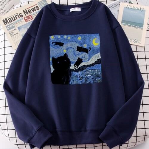 Oil Painting Black Cat Starry Night Print Womens Sweatshirt Fleece Hoodies Hip Hop Loose Women Clothing Crewneck Fleece Hoody