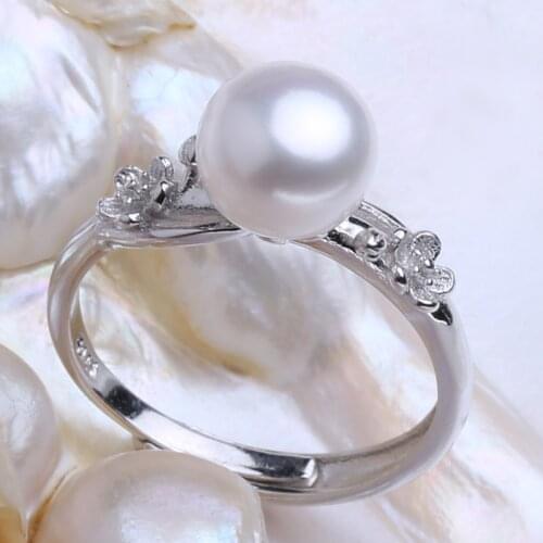 FENASY Office Pearl Jewelry White Beads Flower Freshwater Pearl Rings For Women Bohemian 925 Sterling Silver Ring