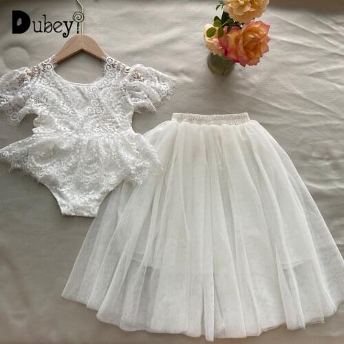 Baby Flowers Girls Dress Clothes Outfit Kids Birthday Lace Romper+Skirt Ruffles Onesie Costumes Toddler White Baptism Set