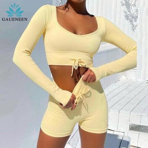 Two Piece Set Women Clothing Ribbed Seamless Leggings Set Yoga Shorts Sets Summer Workout Clothes Gym Set Long Sleeve Crop Top