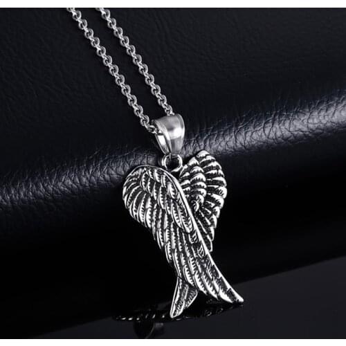 Fashion Men 's Stainless Steel Gothic Vintage Double Angel Wings Pendant Biker Jewelry