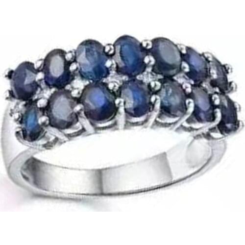 Milangirl Fashion Two Rows Blue Crystal Zircon Ring Silver Color Oval Rhinestone Rings for Women Wedding Jewelry Engagement