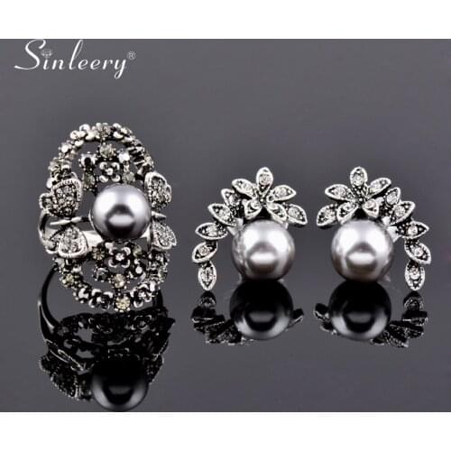 SINLEERY Vintage Simulated Gray Pearl Jewelry Sets For Women Antique Silver Color Crystal Butterfly Ring Earrings Set TZ037 SSF
