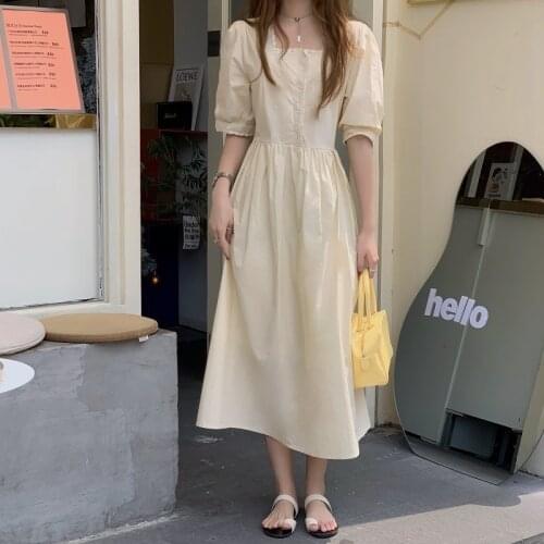 2021 New High Waist Dress French Retro Dress Square Neck Bubble Short Sleeve Dress Summer Slim Mid-length Dress