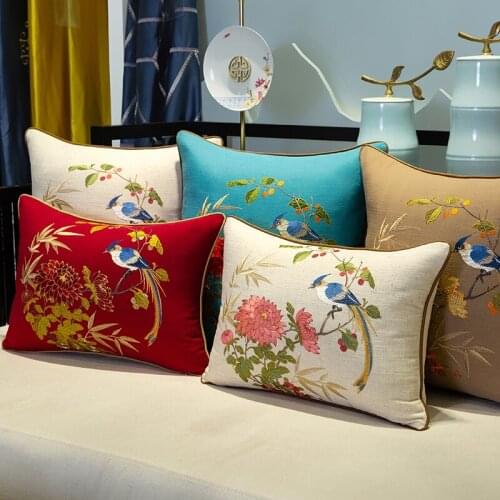 Latest Fine Embroidery Flower Bird Cotton Linen Covers Cushions Pillow Cases Decor Sofa Chair Cushion Cover Lumbar Pillow Cover