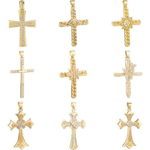 Juya DIY Luxury Cubic Zirconia Christian Cross Necklace Charms For Handmade Prayer Rosary Saint Pendant Religious Jewelry Making