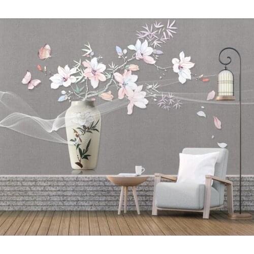 Custom wallpaper new Chinese style hand painted magnolia butterfly vase background wall high-grade waterproof material