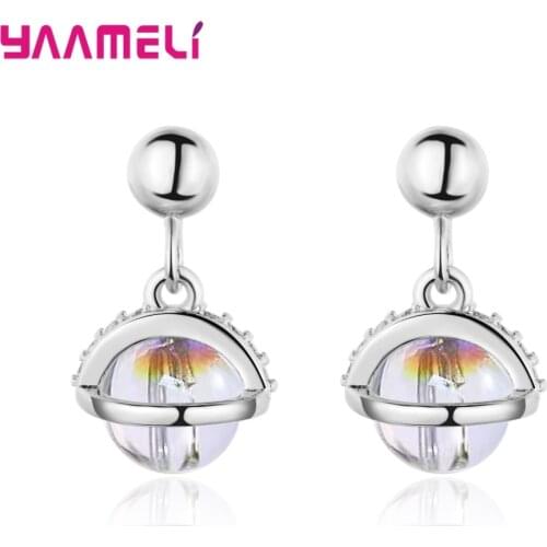 Luxury 925 Sterling Silver Dangle Transparent Crystal Ball Cubic Zirconia Drop Earrings For Women Fine Christmas Gifts Jewelry
