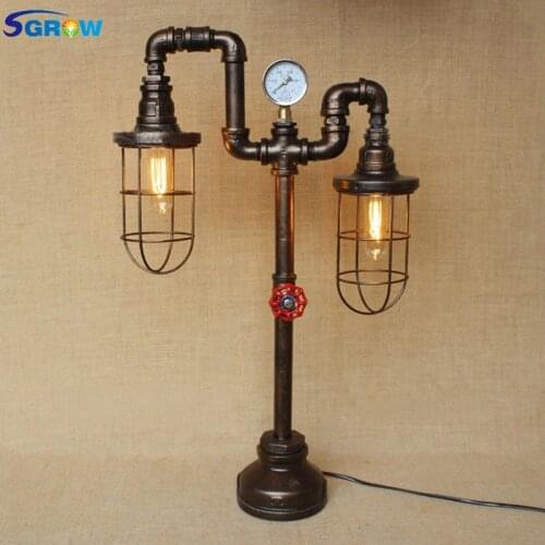SGROW Two Heads Iron Cage Desk Lamp for Bedroom Creative Design Light Fixture Iron Pipe Table Lamp E27 Bulb Lights Loft Lamps