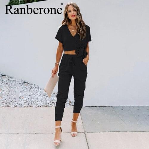 Ranberone Short Sleeve V-neck Hooded + Sweatpants 2 Piece Casual Tracksuit Women Sexy Suit Women Sport Solid Fitness Sportswear
