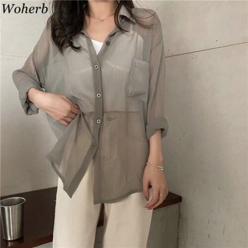 Woherb Blusas De Moda 2021 Summer Shirts Loose See Through Thin Blouses Women Korean Chic Chiffon Sun Protection Blouse Tops