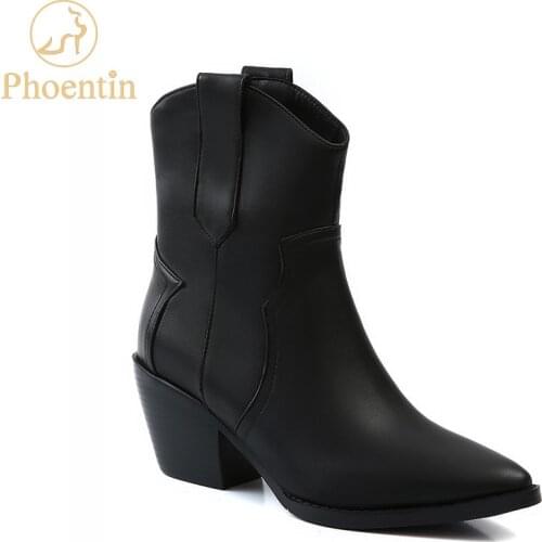 Phoentin white boots women small wedge heels ankle boot female pointed toe slip on plus size woman shoes black PU leather FT771