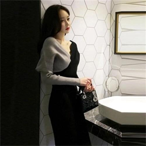 Autumn and winter New Korean women Slim temperament V-neck knit sweater in the long section of the dress women