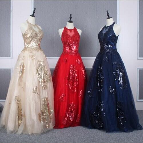 Red Navy Blue Champagne Prom Dress Long Formal Jewel Neck Sleeveless Glitter Sequined Applques Tulle Floor Length Gown